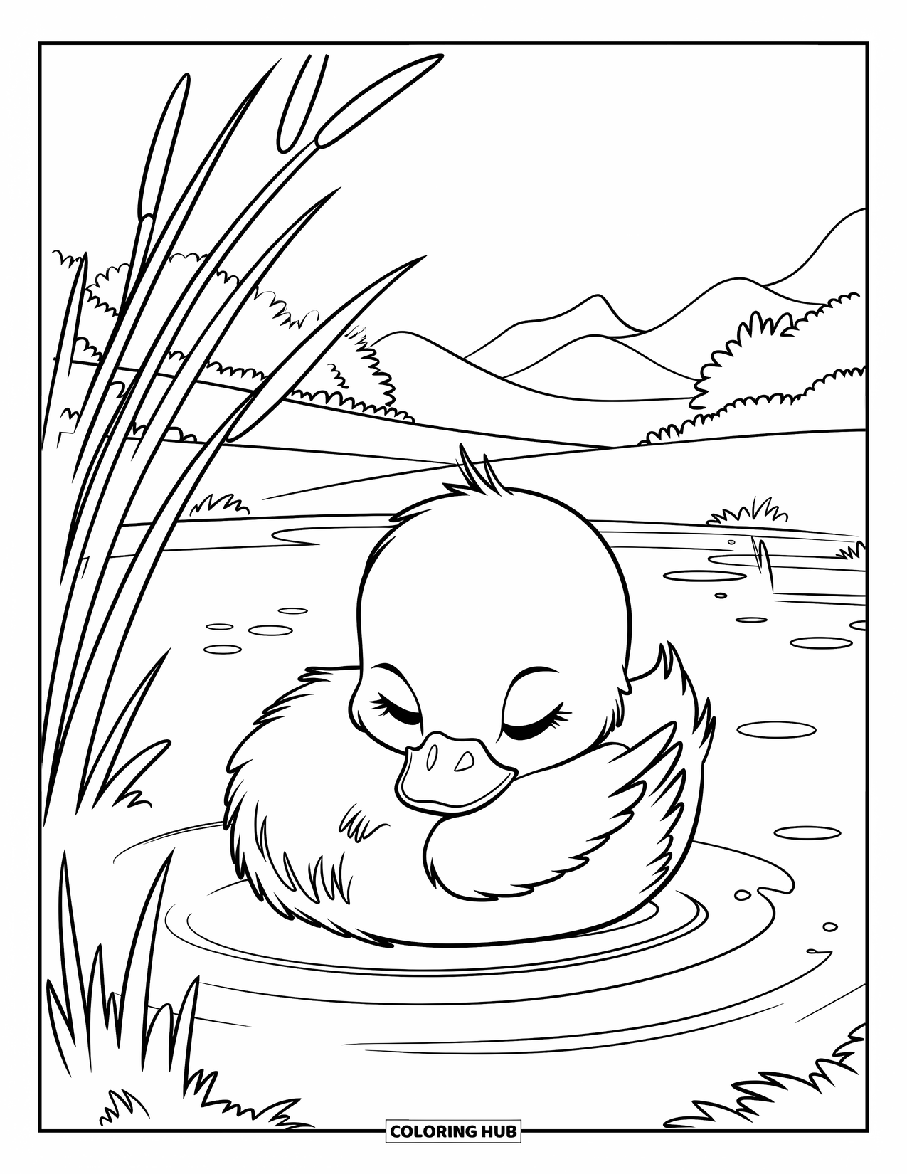Baby Duck Coloring Page for Kids: A baby duck sleeps nestled in reeds by a calm pond