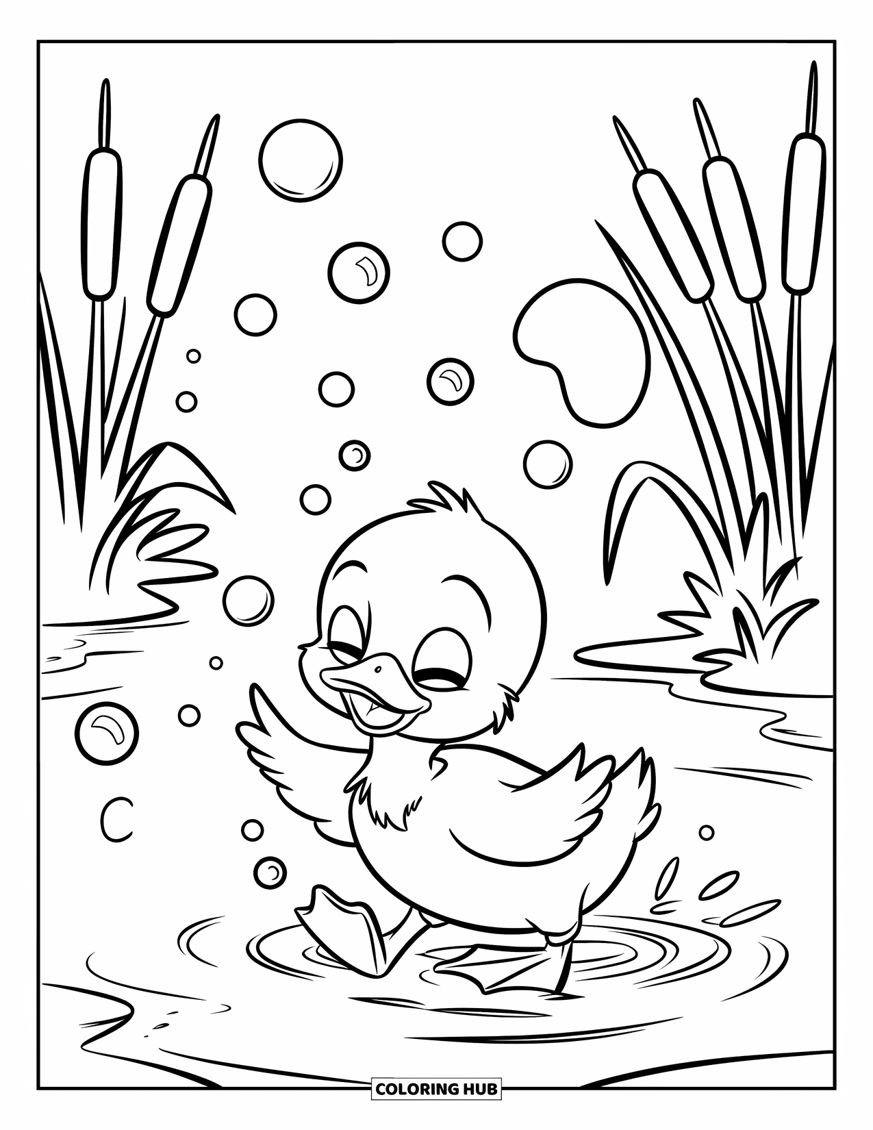 Baby Duck Coloring Page for Kids: A baby duck waddles through water chasing bubbles near pond cattails