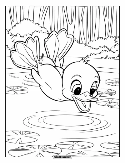 Entenküken-Ausmalbild für Kinder: Eine Ente taucht in einen Seerosenteich im Wald