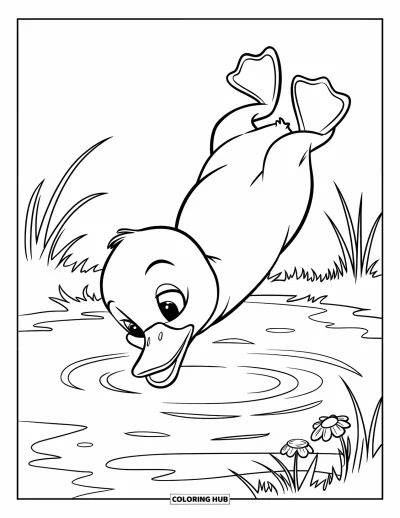 Entenküken-Ausmalbild für Kinder: Eine Ente taucht in einen Teich, umgeben von Blumen und Gras