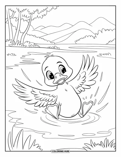 Entenküken-Ausmalbild für Kinder: Eine Ente taucht kopfüber in einen Teich