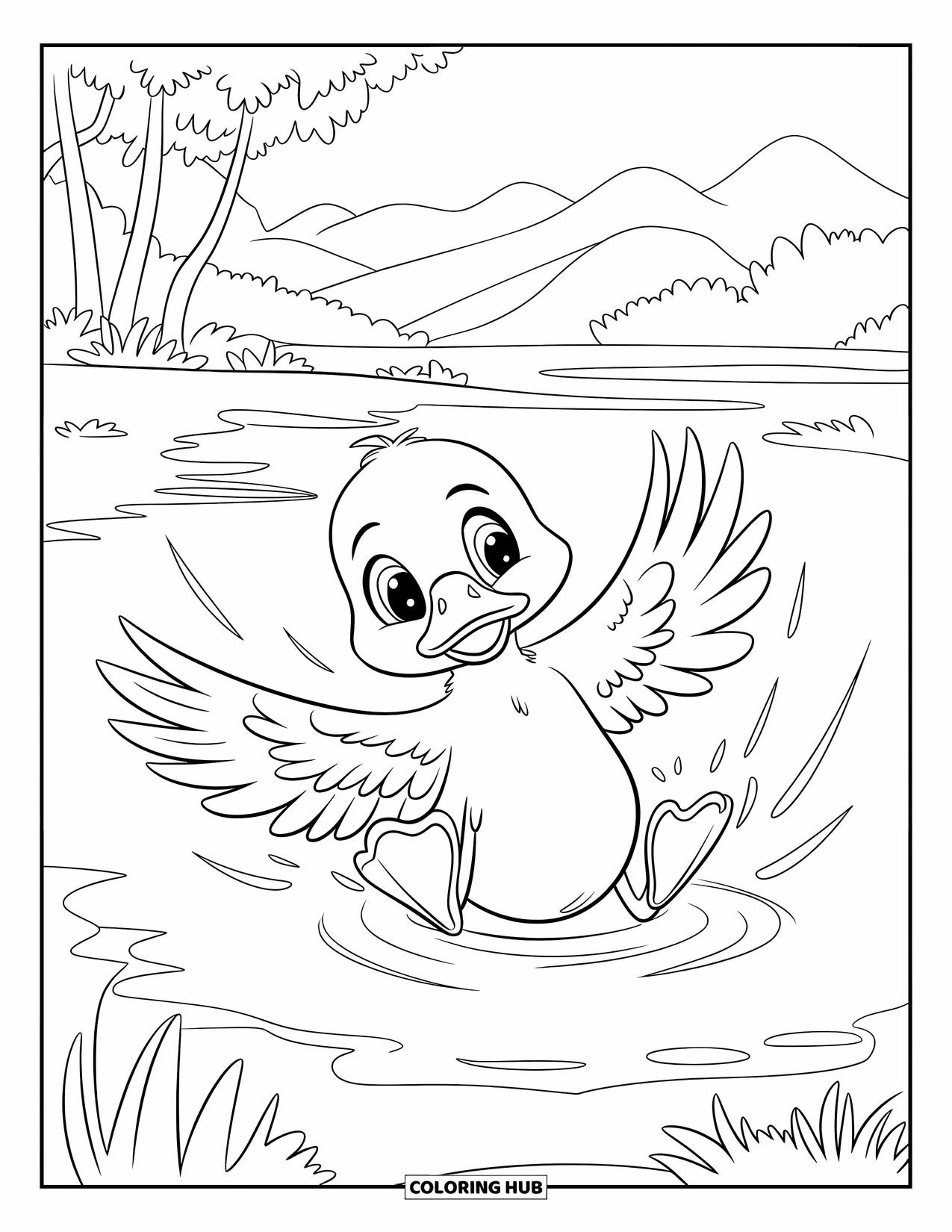 Baby Duck Coloring Page for Kids: A duck dives into a pond with feet in the air