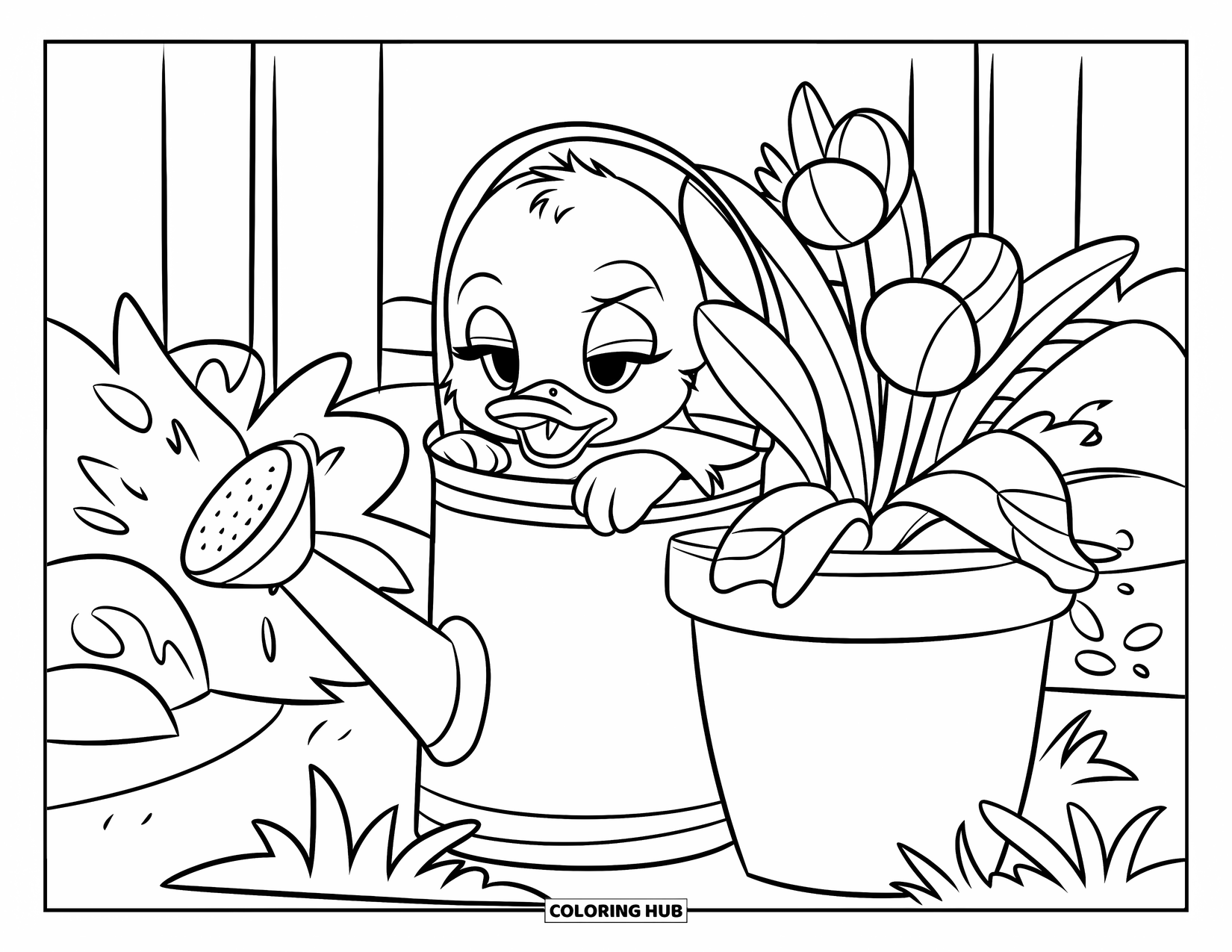 Baby Duck Coloring Page for Kids: A duck hides in a garden behind a watering can and pot
