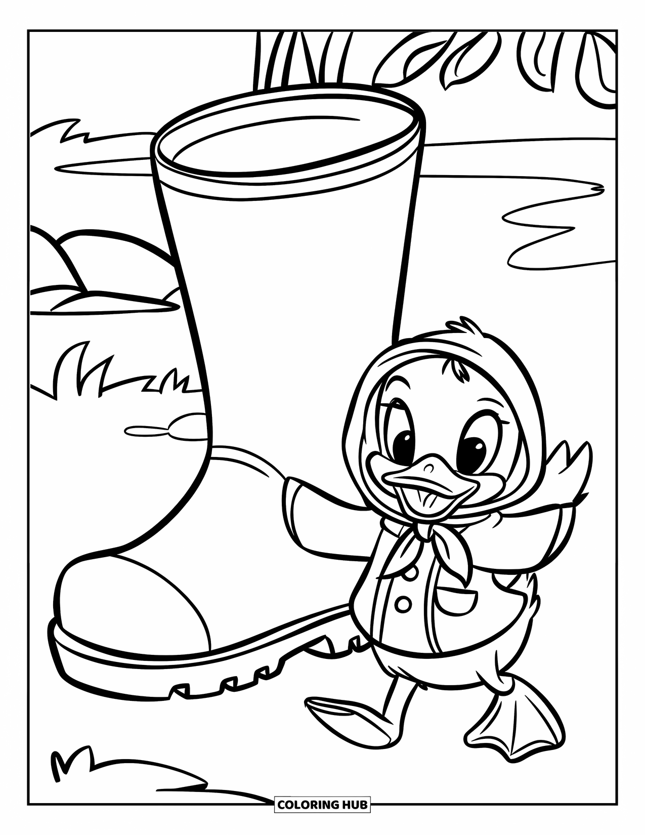 Baby Duck Coloring Page for Kids: A duck in a raincoat and scarf follows a boot near leaves and rocks