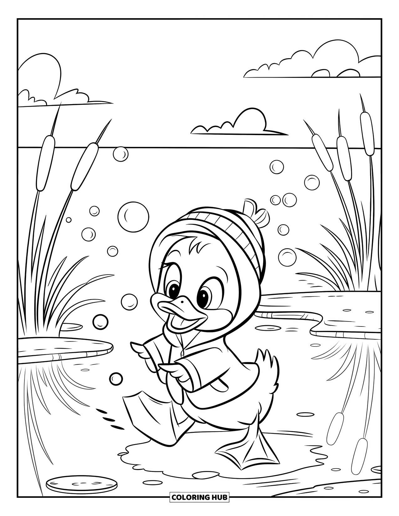 Baby Duck Coloring Page for Kids: A duck in a raincoat and striped hat chases bubbles near a calm pond