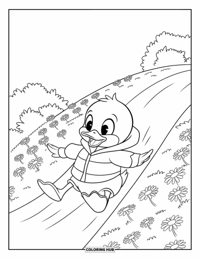 Entenküken-Ausmalbild für Kinder: Eine Ente im Regenmantel rutscht einen Hügel hinunter, Bäume in der Nähe