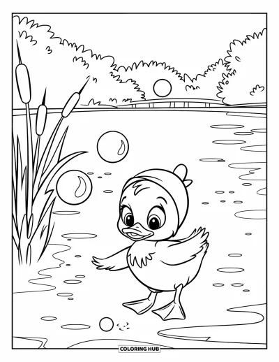 Entenküken-Ausmalbild für Kinder: Eine Ente mit kleinem Hut jagt Seifenblasen an einem Teich mit einer Brücke in der Ferne