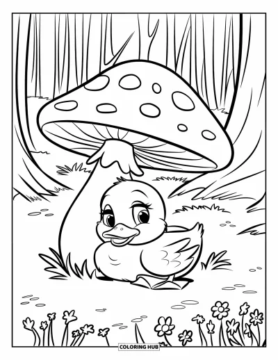 Entenküken-Ausmalbild für Kinder: Eine Ente schläft unter einem Pilz in einem hohen Wald