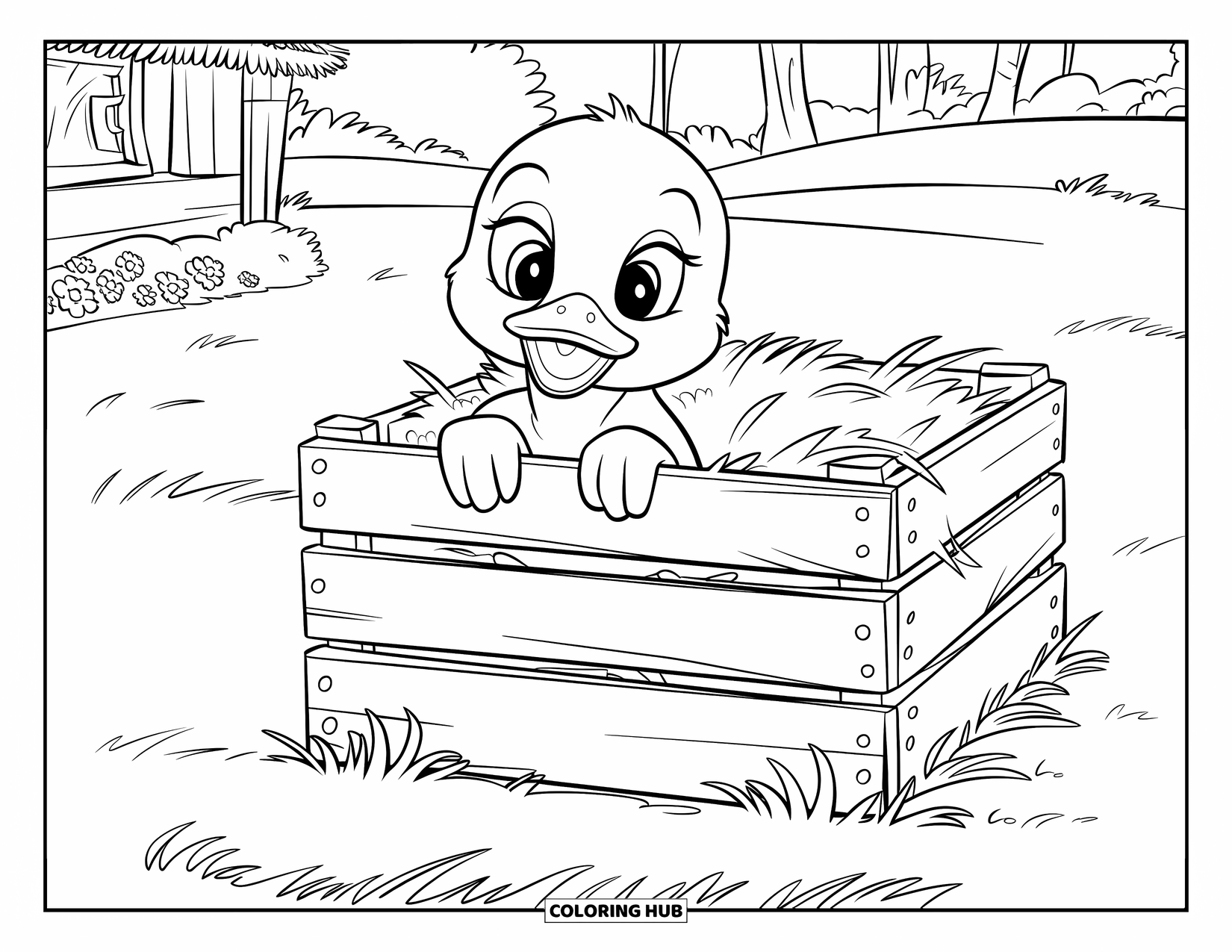 Baby Duck Coloring Page for Kids: A duck peeks from a hay crate near flowers and a cottage