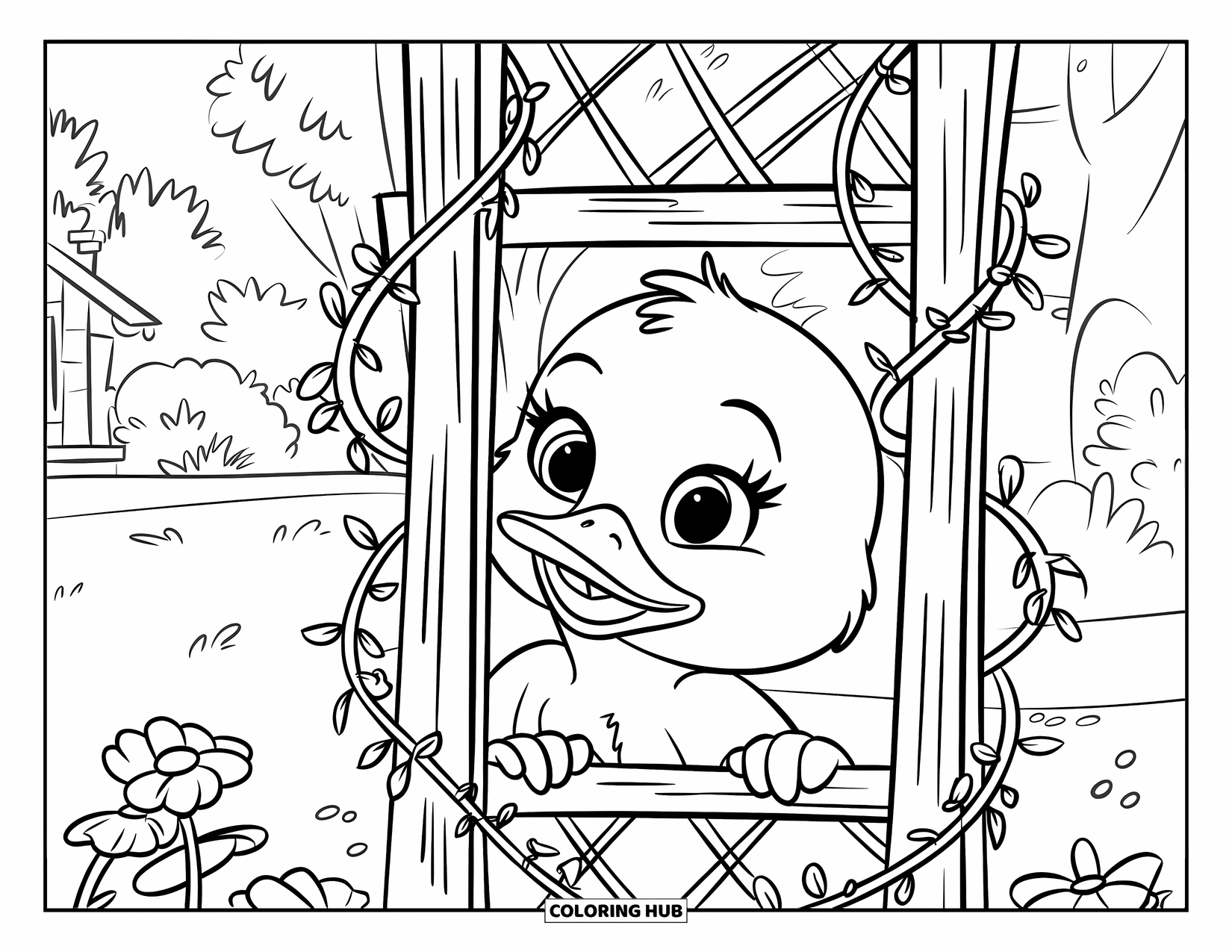 Baby Duck Coloring Page for Kids: A duck peeks from behind a garden trellis near a house and trees