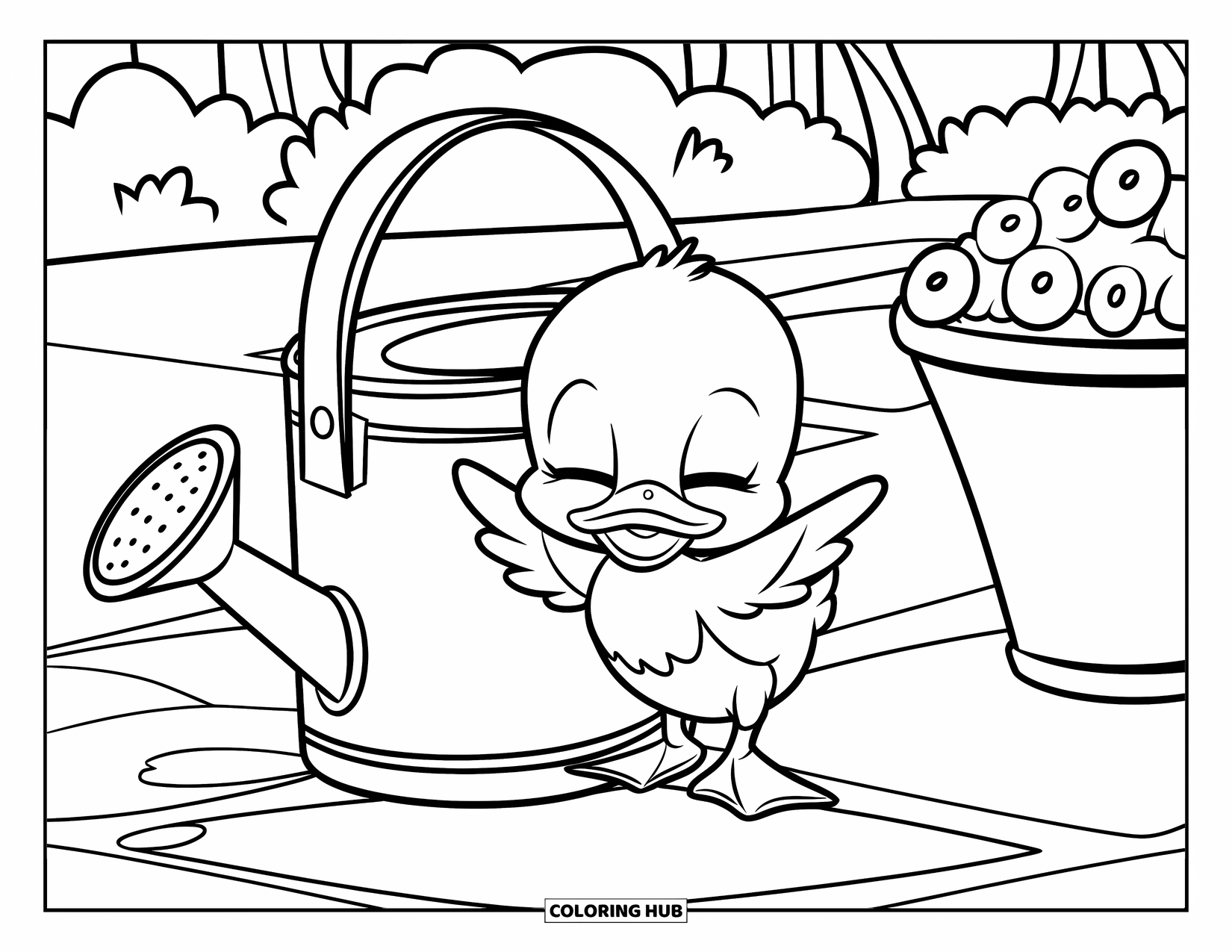 Baby Duck Coloring Page for Kids: A duck plays hide-and-seek behind a watering can and flower pot