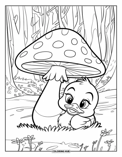 Entenküken-Ausmalbild für Kinder: Eine Ente entspannt sich unter einem Pilz in einem blumenreichen Wald