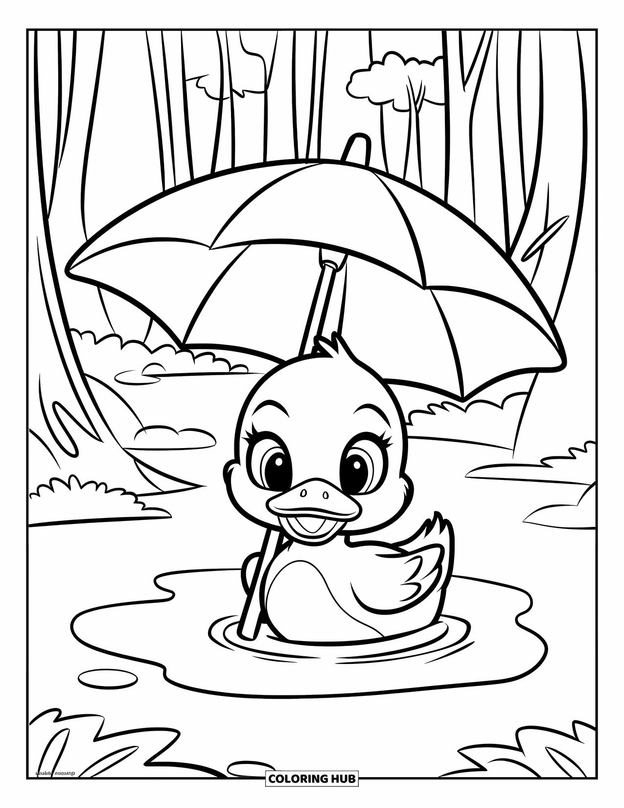 Baby Duck Coloring Page for Kids: A duck rests in a puddle with a leaf umbrella and tall trees