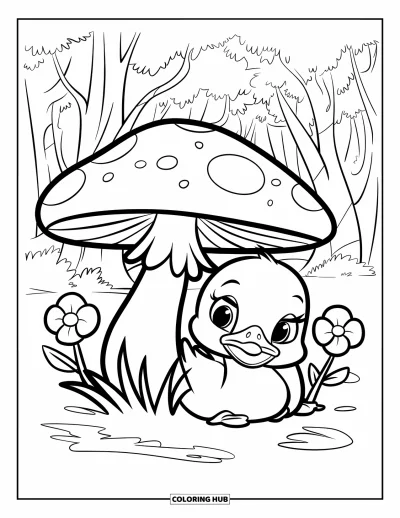 Entenküken-Ausmalbild für Kinder: Eine Ente ruht unter einem Pilz, Waldblumen in der Nähe
