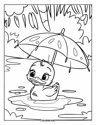 Entenküken-Ausmalbild für Kinder: Eine Ente sitzt in einer Pfütze unter einem großen Blatt-Regenschirm in einem Wald