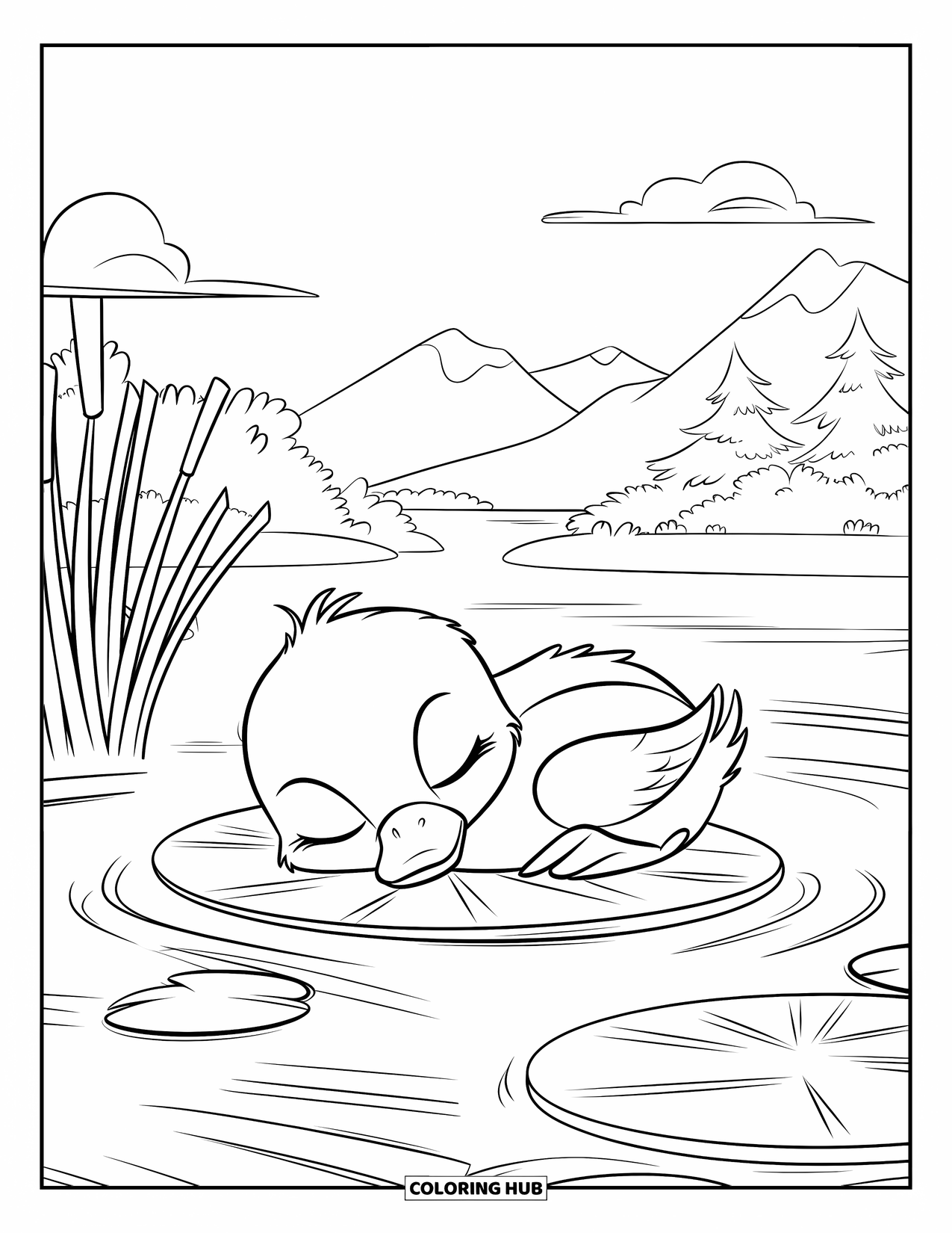 Baby Duck Coloring Page for Kids: A duck sleeps on a lily pad in a peaceful mountain pond