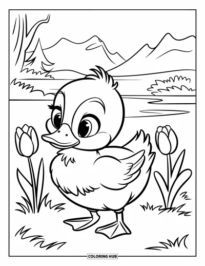 Entenküken-Ausmalbild für Kinder: Eine Ente steht neben Tulpen in einer Landschaft mit Bergen und Wasser