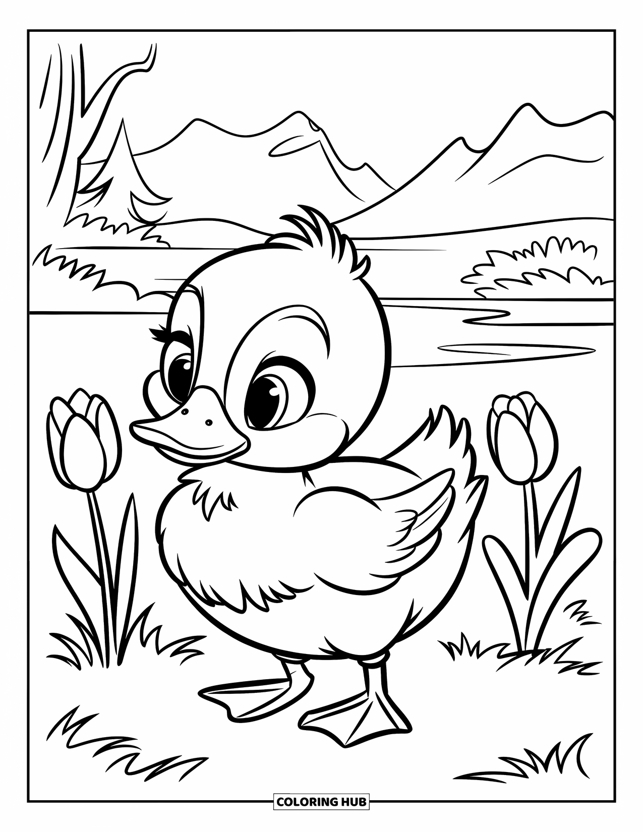Baby Duck Coloring Page for Kids: A duck stands beside tulips in a landscape with mountains and water