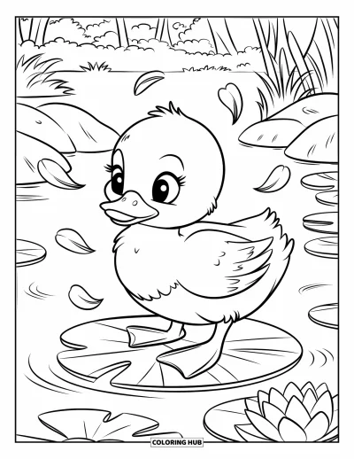 Entenküken-Ausmalbild für Kinder: Eine Ente steht auf einem Seerosenblatt, Blütenblätter treiben umher