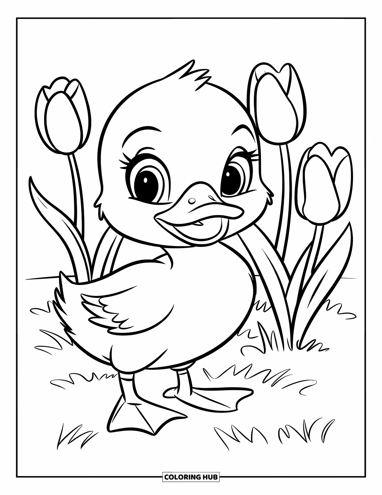 Baby Duck Coloring Page for Kids: A duck stands on grass beside three tulips in a green field