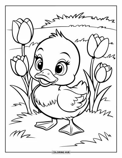 Entenküken-Ausmalbild für Kinder: Eine Ente steht auf Gras neben drei Tulpen auf einer üppig grünen Wiese
