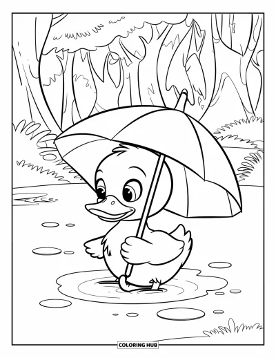 Entenküken-Ausmalbild für Kinder: Eine Ente unter einem Blatt-Regenschirm sitzt in einer Pfütze neben Waldbäumen