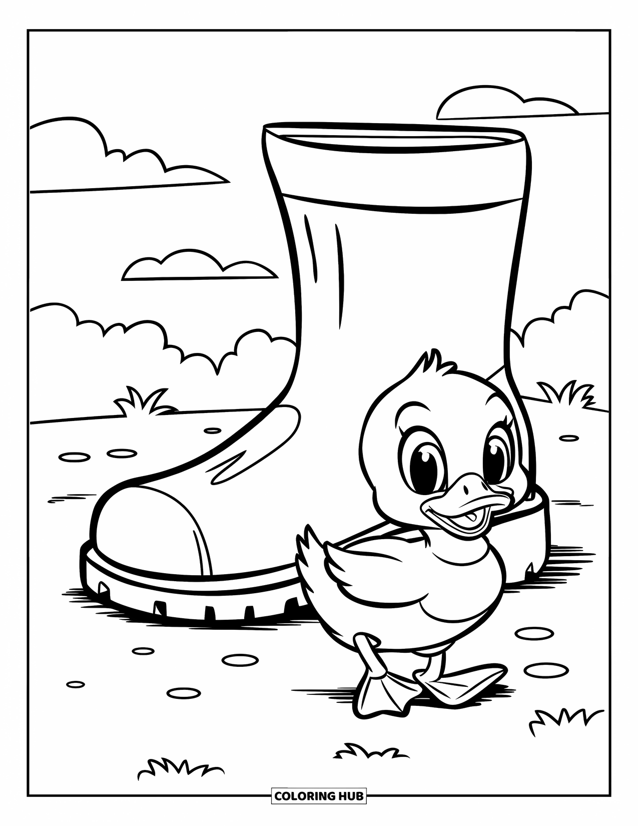 Baby Duck Coloring Page for Kids: A duck waddles behind a big rubber boot in a grassy field