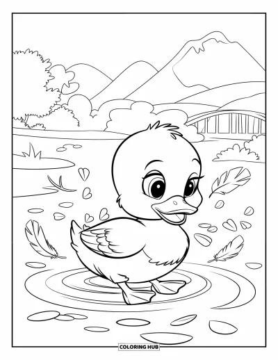 Entenküken-Ausmalbild für Kinder: Eine Ente watet im Wasser, umgeben von Federn und Blütenblättern