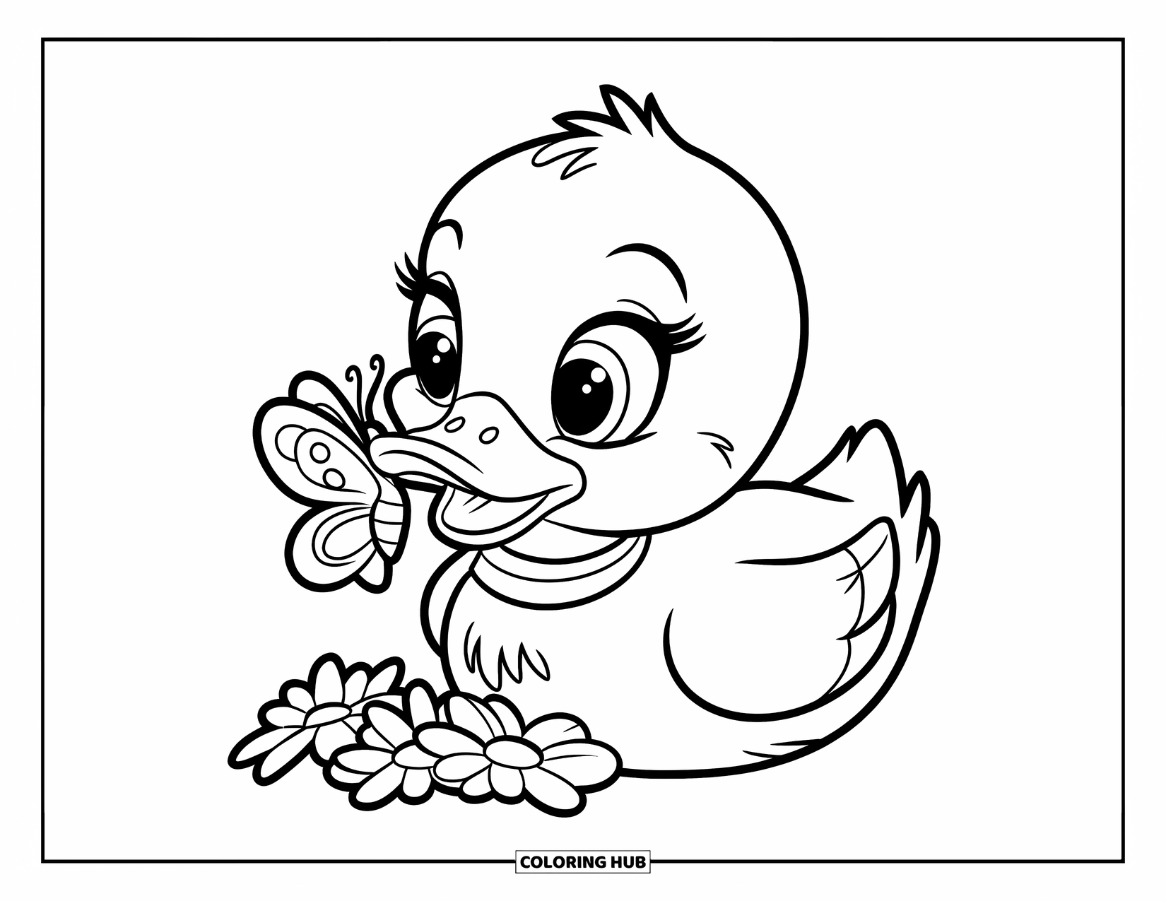 Baby Duck Coloring Page for Kids: A duck with a butterfly and daisies wears a red collar