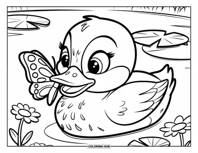 Entenküken-Ausmalbild für Kinder: Eine Ente mit einem Schmetterling auf dem Schnabel steht an einem Seerosenteich