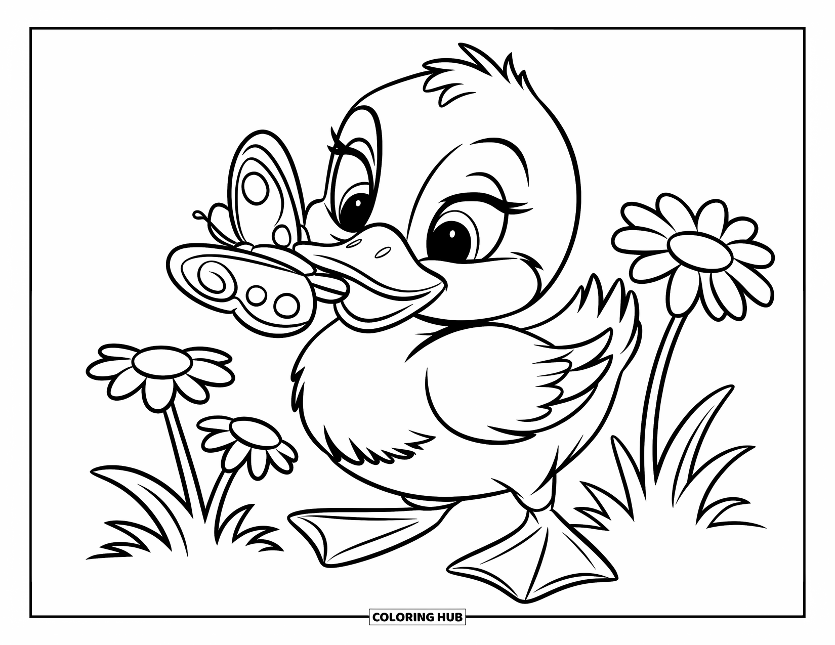 Baby Duck Coloring Page for Kids: A duck with a butterfly on its beak stands next to daisies
