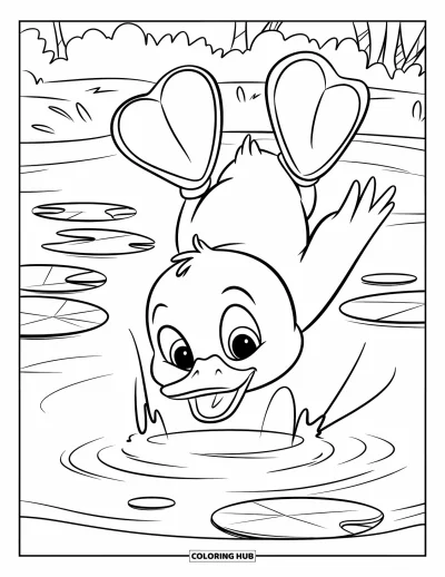Entenküken-Ausmalbild für Kinder: Eine rundliche Ente taucht in einen Teich neben Bäumen