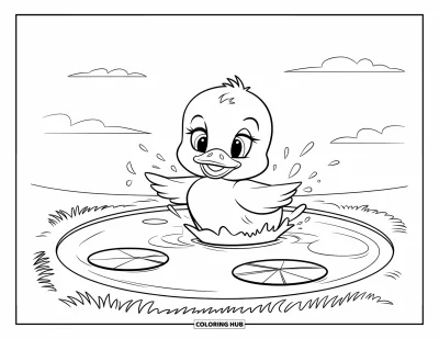 Entenküken-Ausmalbild für Kinder: Eine rundliche Ente planscht in einem Teich, umgeben von Gras