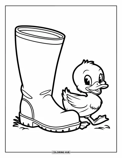 Entenküken-Ausmalbild für Kinder: Eine Ente mit kräftigen Umrissen watschelt hinter einem Gummistiefel durch das Gras