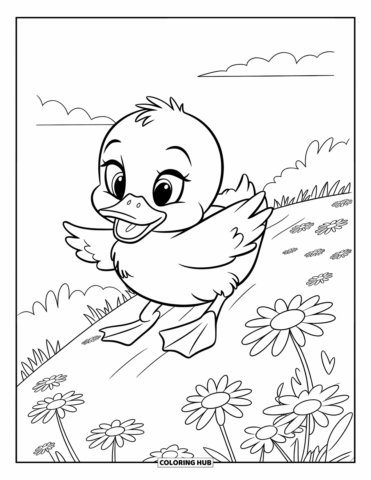 Baby Duck Coloring Page for Kids: A duck with orange feet slides down a hill filled with daisies