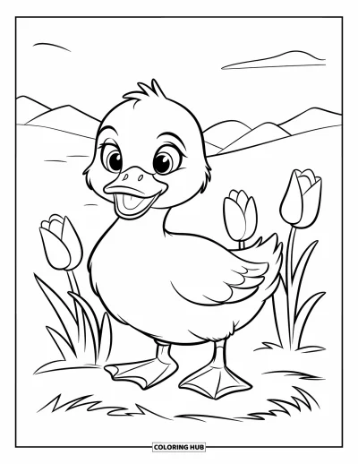 Entenküken-Ausmalbild für Kinder: Eine Ente mit orangefarbenen Füßen steht neben Tulpen unter klarem Himmel