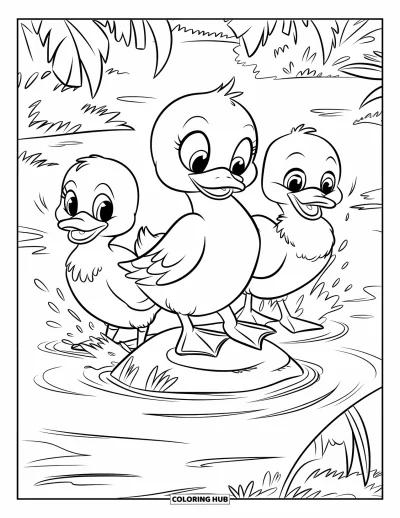 Entenküken-Ausmalbild für Kinder: Geschwister-Enten planschen auf einem Bachstein in grüner Umgebung