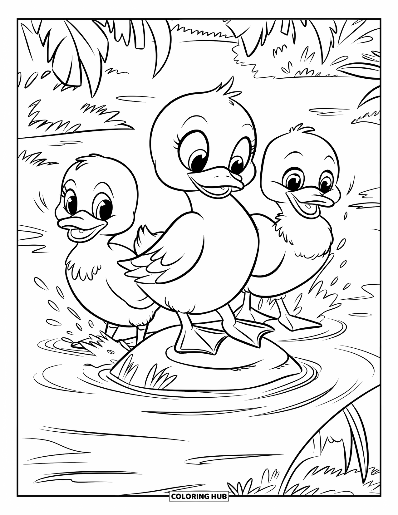 Baby Duck Coloring Page for Kids: Duck siblings splash on a stream rock in a leafy setting