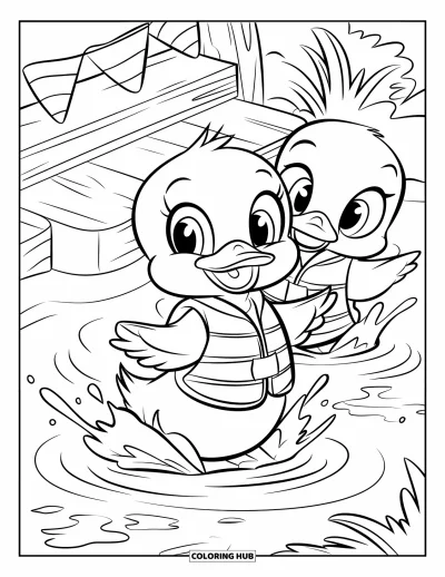 Entenküken-Ausmalbild für Kinder: Enten mit Schwimmwesten planschen in einem Bach mit Fähnchen und Blättern