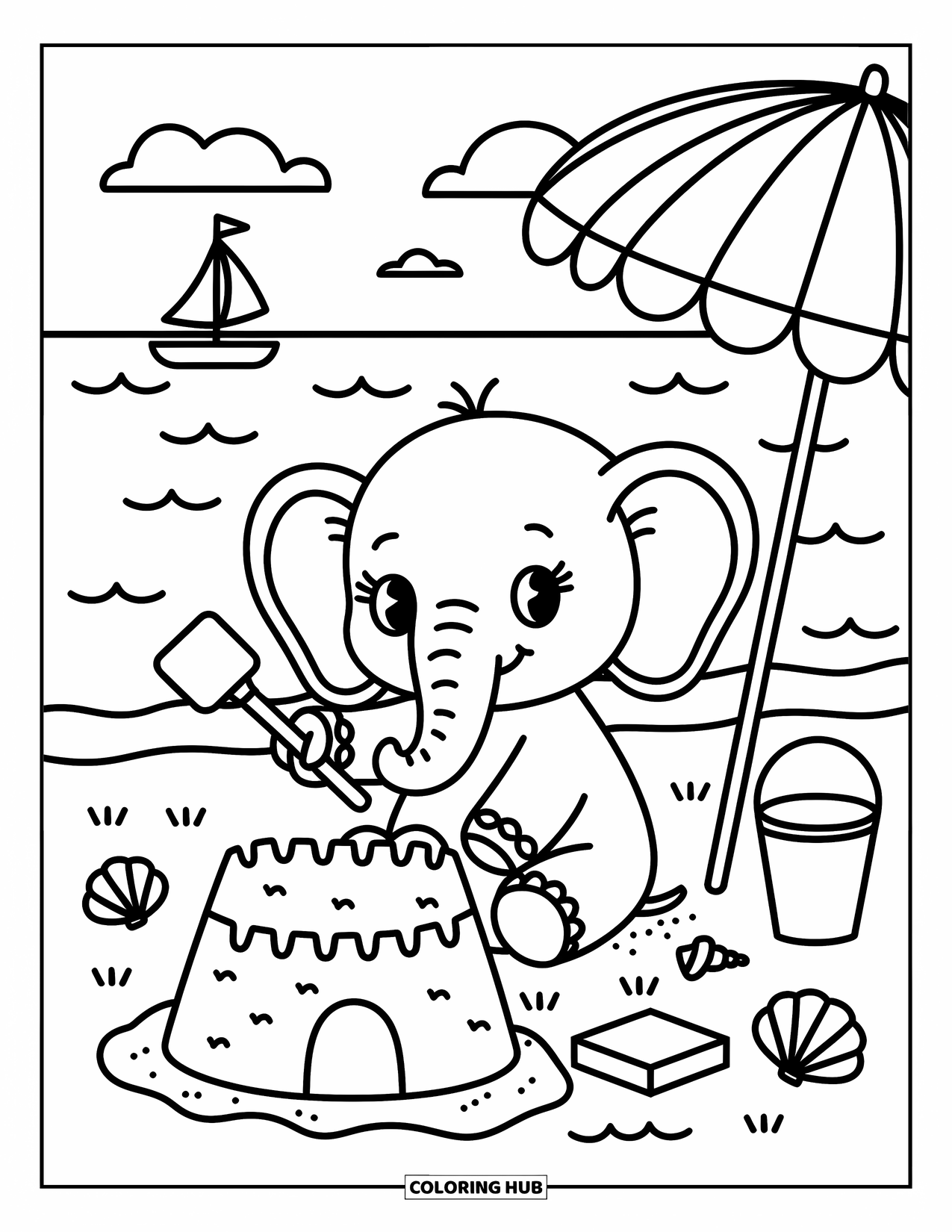 Baby Elephant Coloring Page for Adults: A baby elephant digs in the sand beside a castle, sailboat, and shady umbrella