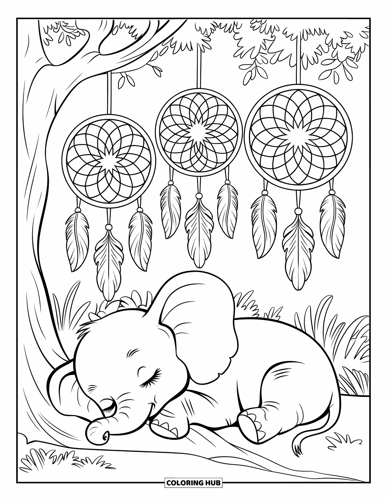 Baby Elephant Coloring Page for Adults: A baby elephant naps under a tree with dreamcatchers hanging above