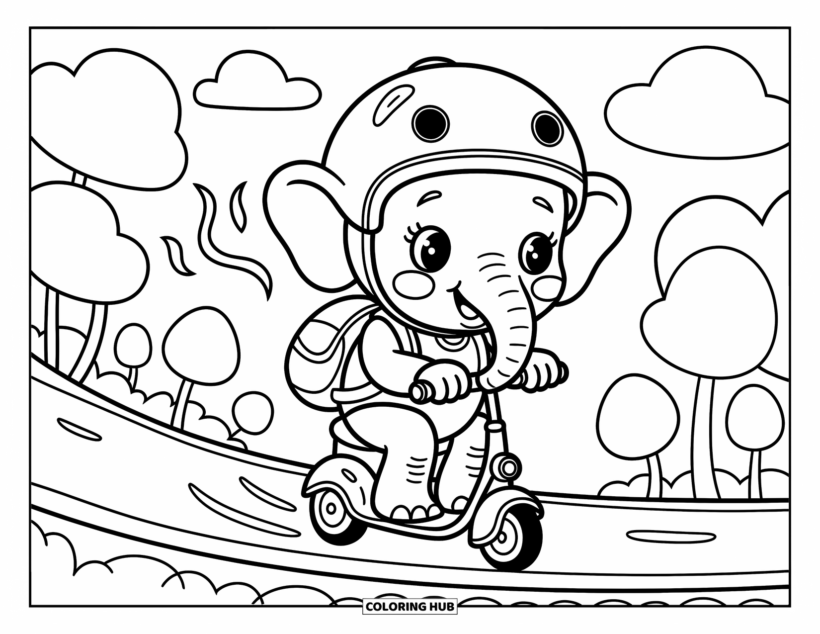 Baby Elephant Coloring Page for Adults: A baby elephant rides a tiny scooter with a big smile and playful streamers