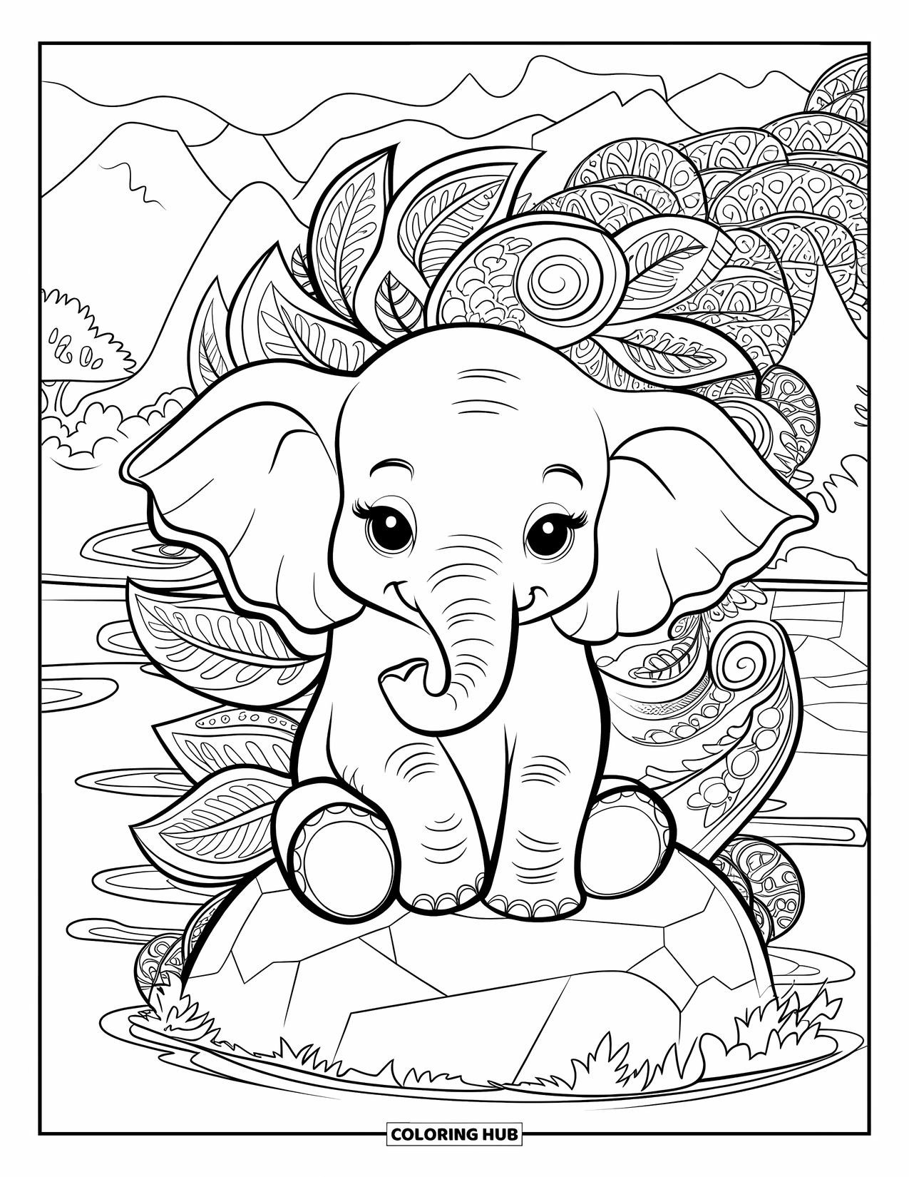 Baby Elephant Coloring Page for Adults: A baby elephant sits on a rock in a peaceful scene filled with swirling leaves
