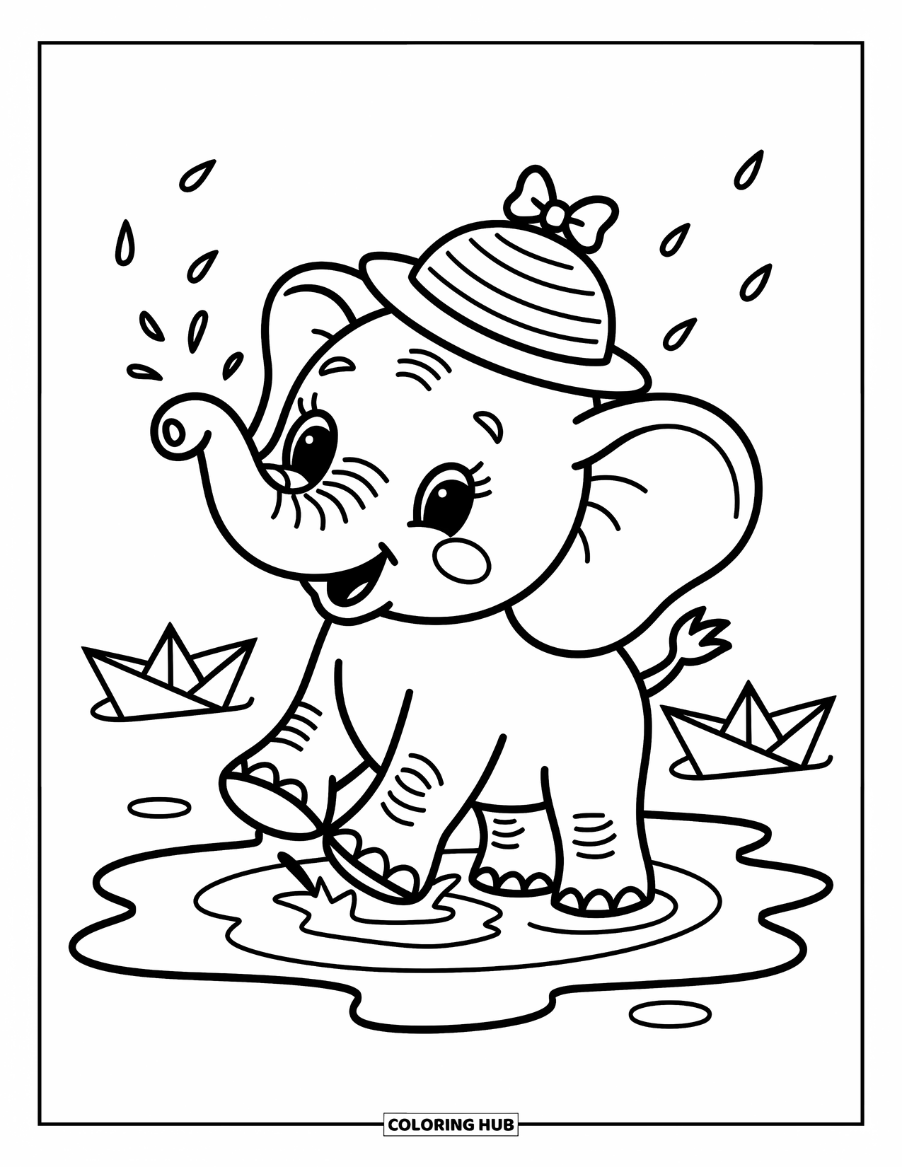 Baby Elephant Coloring Page for Adults: A baby elephant splashes in a puddle with a cute rain hat and tiny paper boats
