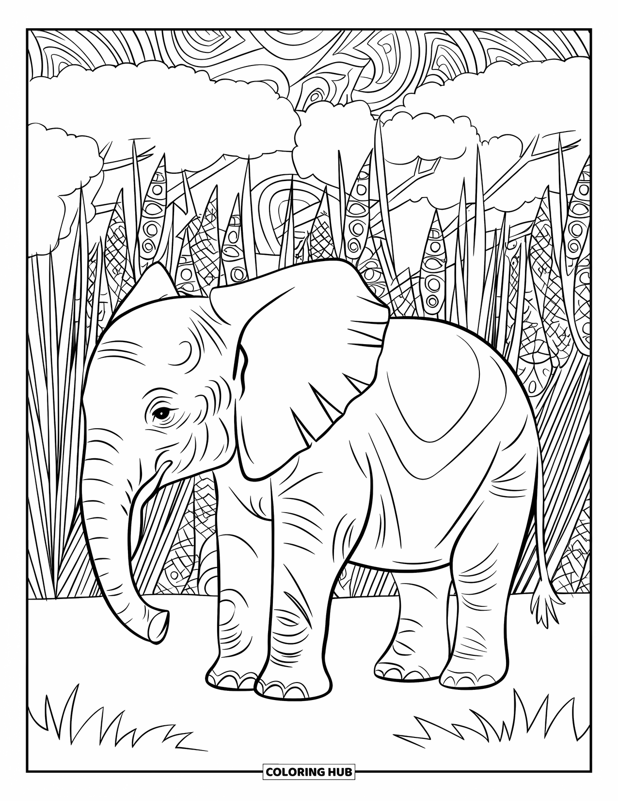 Baby Elephant Coloring Page for Adults: A baby elephant stands in a grassy savannah with trees and detailed backgrounds