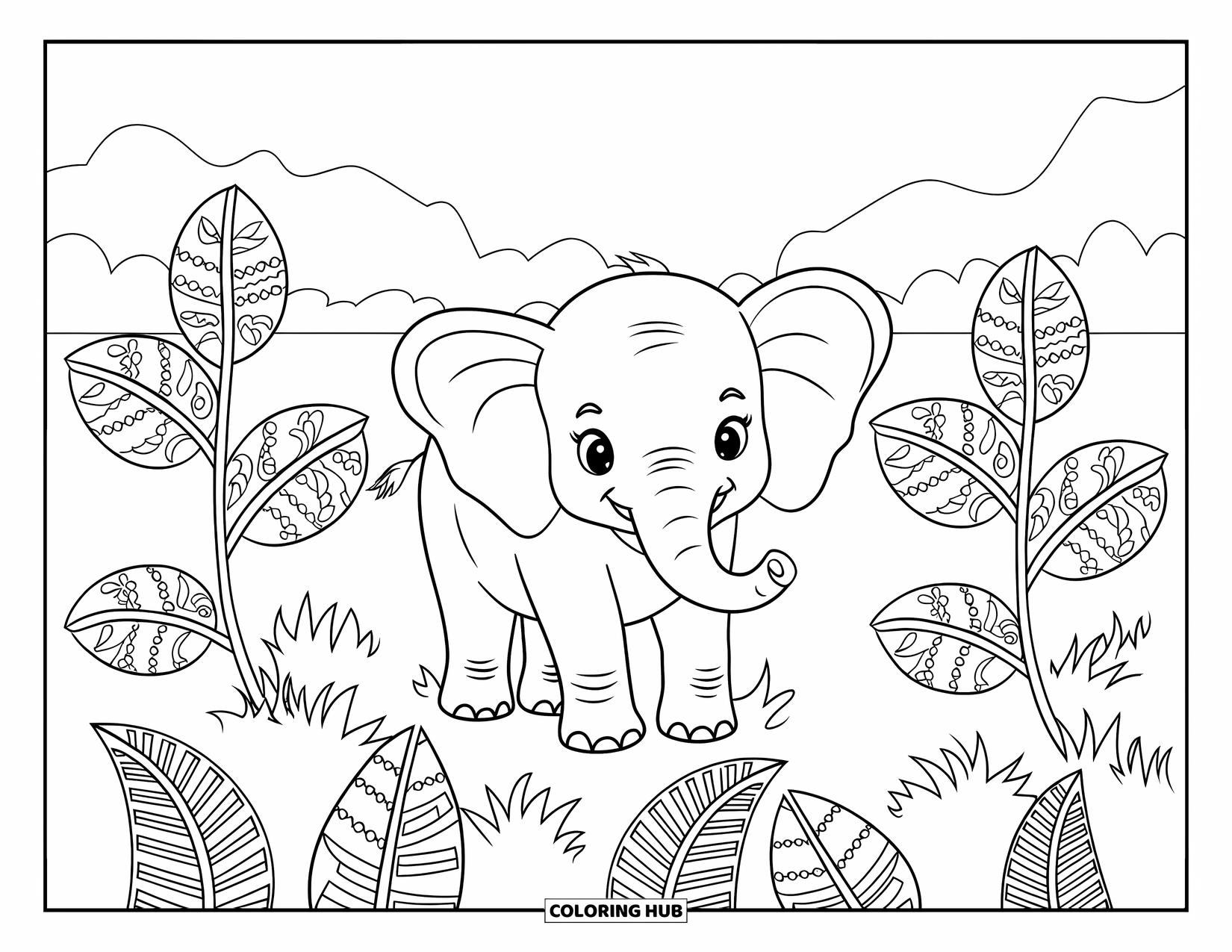 Baby Elephant Coloring Page for Adults: A baby elephant stands in a green field surrounded by detailed tropical plants