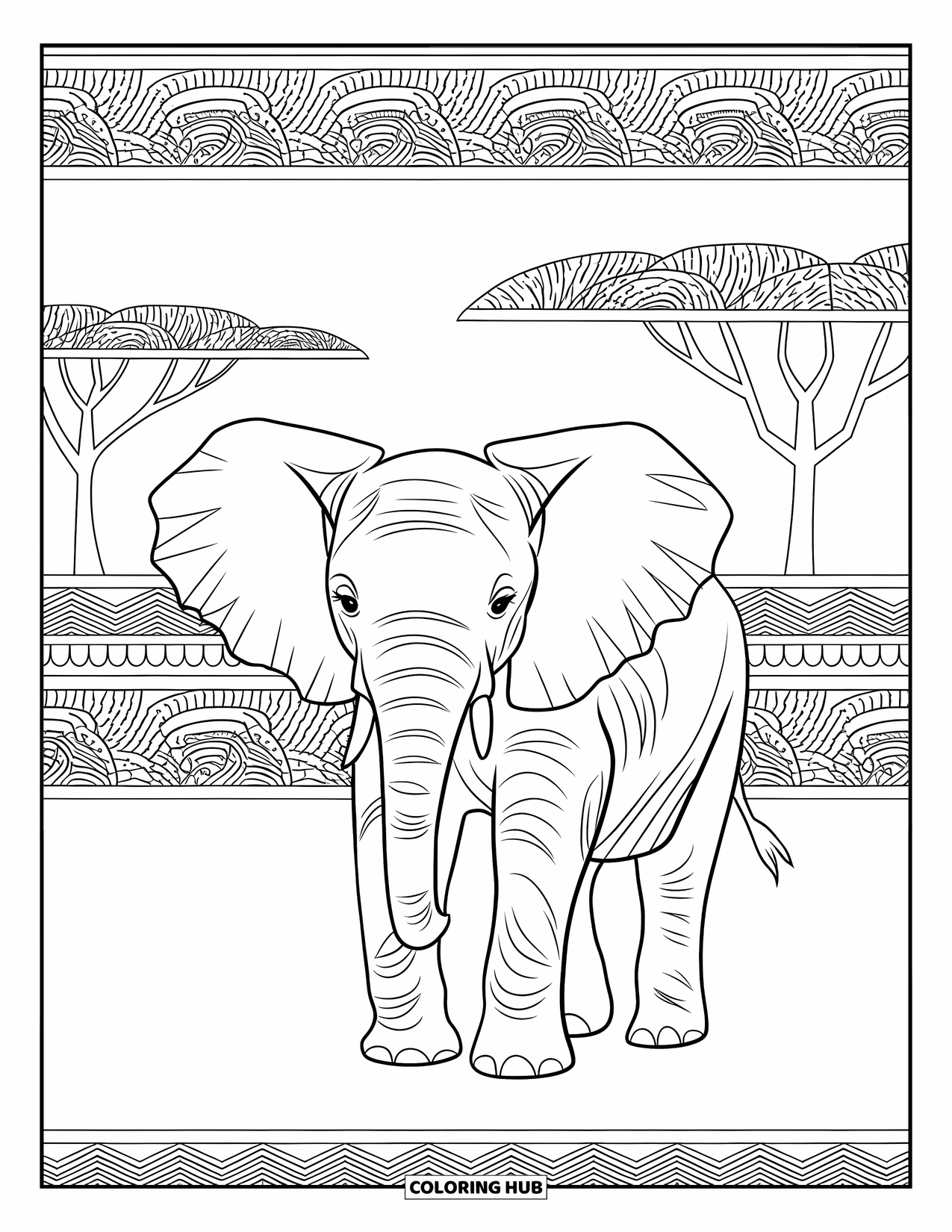 Baby Elephant Coloring Page for Adults: A baby elephant stands in a stylized savannah filled with artistic textures and shapes