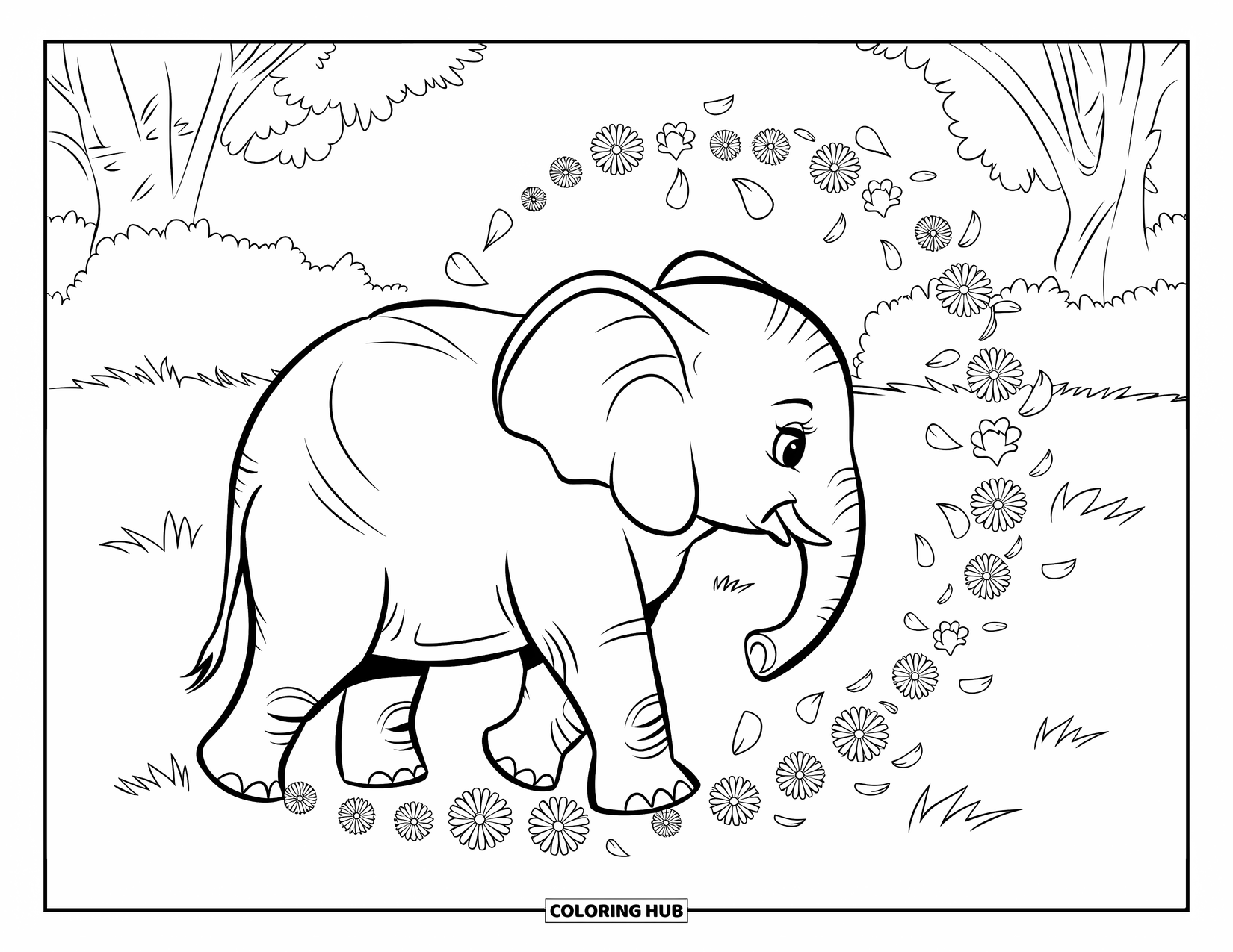 Baby Elephant Coloring Page for Adults: A baby elephant strolls along a grassy path surrounded by floating petals