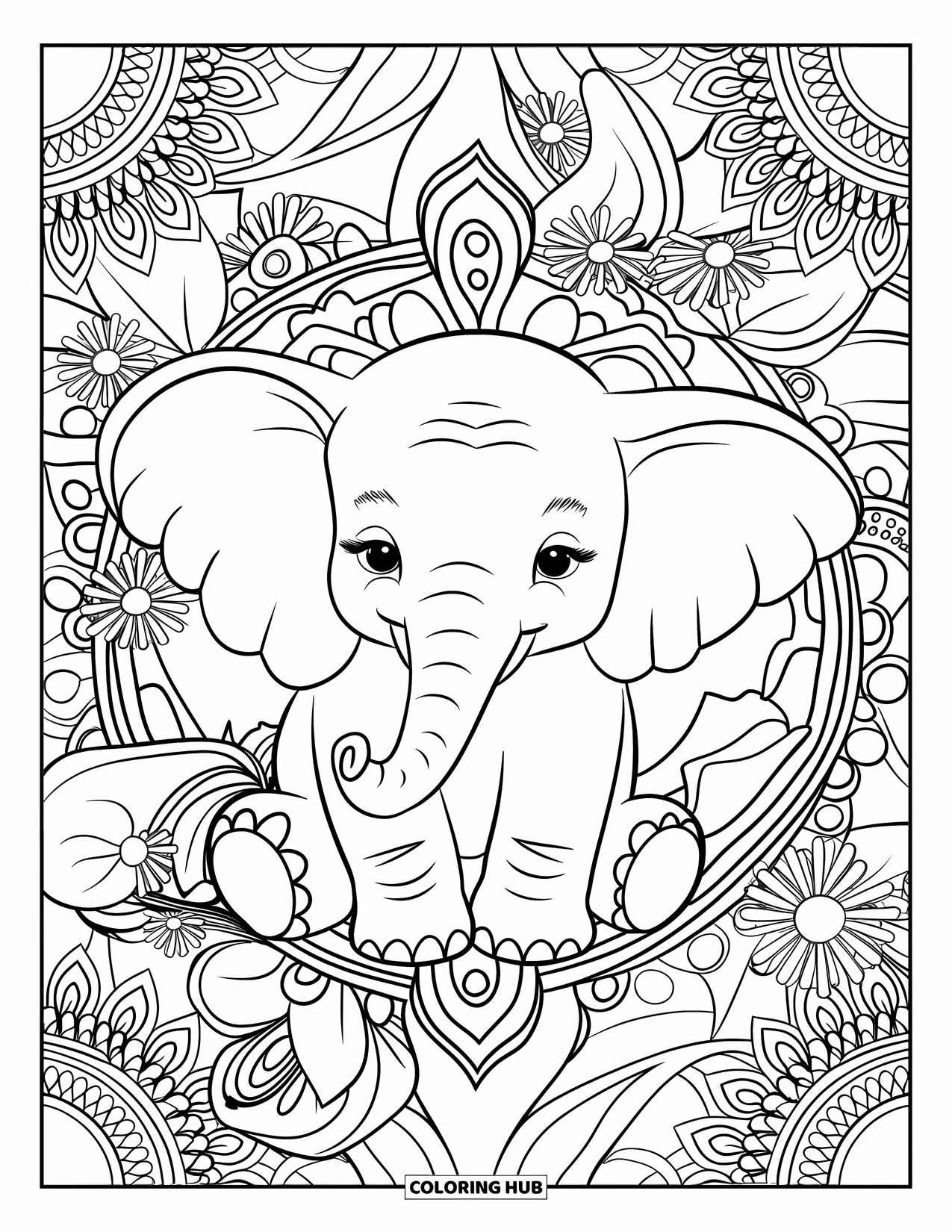 Baby Elephant Coloring Page for Adults: A calm baby elephant stands surrounded by floral mandala patterns