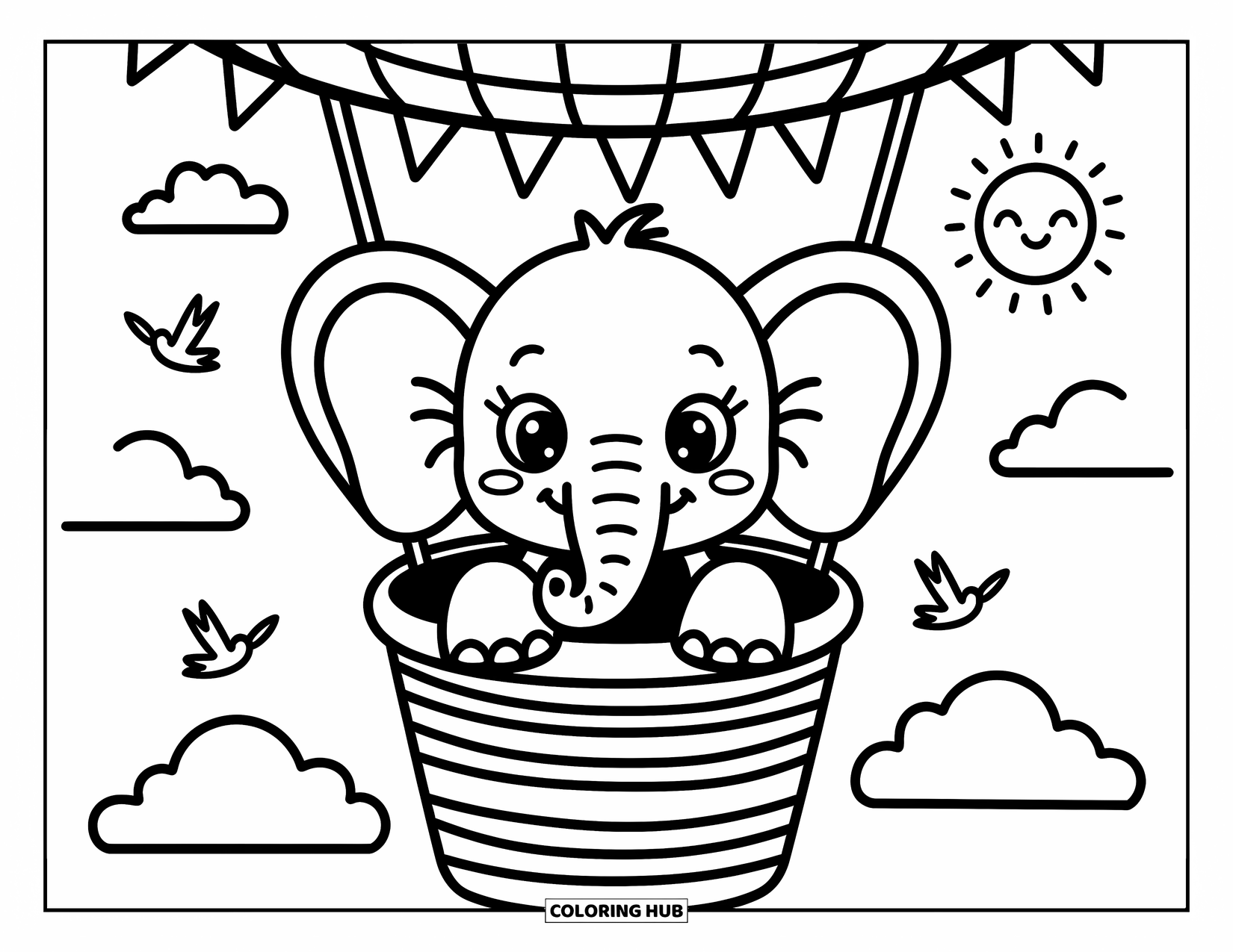 Baby Elephant Coloring Page for Adults: A curious baby elephant peeks over a hot air balloon basket surrounded by clouds and birds